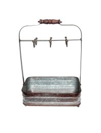 Rustic Style Galvanized Metal Crockery Holder with Six Cup Hooks; Gray