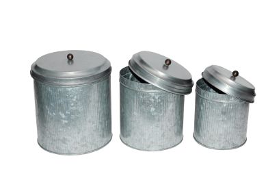 Galvanized Metal Lidded Canister With Ribbed Pattern; Set of Three; Gray