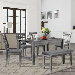 6 Piece Wooden Dining Table set, Kitchen Table set with 4 Chairs and Bench, Farmhouse Rustic Style,Antique Graywash