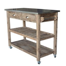 Dunawest 2 Drawers Wooden Frame Kitchen Cart with Metal Top and Casters; Brown and Gray