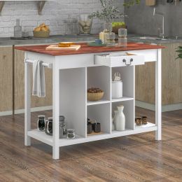 Farmhouse Stationary Wood Dining Table Drop Leaf Kitchen Island with Storage Shelves, Dark Walnut+White