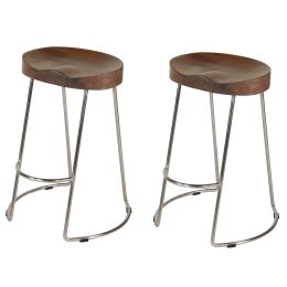 DunaWest Ela 24 Inch Mango Wood Counter Height Stool; Saddle Seat; Iron; Set of 2; Walnut Brown; Silver