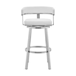 DunaWest Swivel Barstool with Open Curved Back and Metal Legs; White and Silver