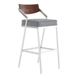 DunaWest 32 Inches Leatherette Metal Barstool with Wooden Panel Back; Gray