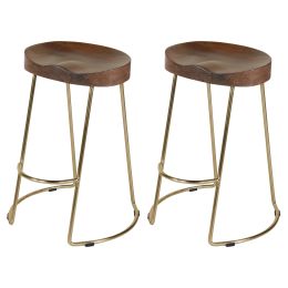 DunaWest Ela 30 Inch Mango Wood Bar Stool; Saddle Seat; Iron; Set of 2; Walnut Brown; Gold