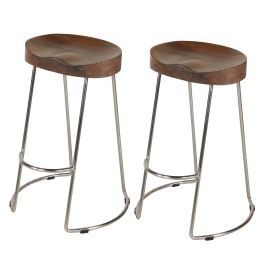 DunaWest Ela 30 Inch Mango Wood Bar Stool; Saddle Seat; Iron; Set of 2; Walnut Brown; Silver