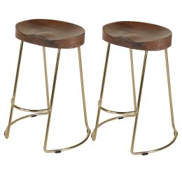 DunaWest Ela 24 Inch Mango Wood Counter Height Stool; Saddle Seat; Iron; Set of 2; Walnut Brown; Gold