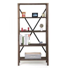 5-Tier Vintage Open Bookshelf, X-Shaped Bookcase, Storage Ladder Shelf for Kitchen, or Study Room XH