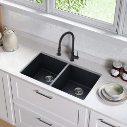 32" L X 18" W Undermount Quartz Double Bowl Kitchen Sink Matte Black With Faucet