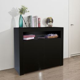 Living Room Sideboard Storage Cabinet Black High Gloss with LED Light, Modern Kitchen Unit Cupboard Buffet Wooden Storage Display Cabinet TV Stand wit