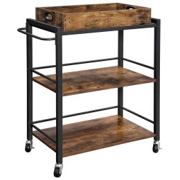 DunaWest Tray Top Wooden Kitchen Cart with 2 Shelves and Casters; Brown and Black