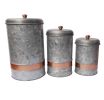 Galvanized Metal Lidded Canister With Copper Band; Set of Three; Gray