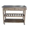 Dunawest 2 Drawers Wooden Frame Kitchen Cart with Metal Top and Casters; Brown and Gray