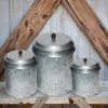 Galvanized Metal Lidded Canister With Ribbed Pattern; Set of Three; Gray