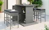 5-Piece Rattan Dining Table Set, PE Wicker Square Kitchen Table Set with Storage Shelf and 4 Padded Stools for Poolside, Garden, Gray Wicker+Dark Gray