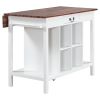 Farmhouse Stationary Wood Dining Table Drop Leaf Kitchen Island with Storage Shelves, Dark Walnut+White