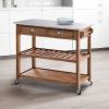 Dunawest 2 Drawers Wooden Frame Kitchen Cart with Metal Top and Casters; Brown and Gray