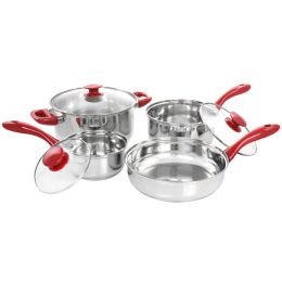 Gibson Home Crawson 7 Piece Stainless Steel Cookware Set in Chrome with Red Handles