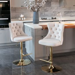 Furniture,Golden Swivel Velvet Barstools Adjusatble Seat Height from 25-33 Inch, Modern Upholstered Bar Stools with Backs Comfortable Tufted for Home (Color: Beige)