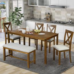 6-Piece Kitchen Dining Table Set Wooden Rectangular Dining Table, 4 Dining Chairs and Bench Family Furniture for 6 People (Color: brown)