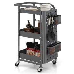 Multifunction 3-Tier Utility Storage Cart Metal Rolling Trolley W/ DIY Pegboard Baskets (Type: Kitchen Islands & Carts, Color: grey)