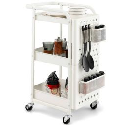 Multifunction 3-Tier Utility Storage Cart Metal Rolling Trolley W/ DIY Pegboard Baskets (Type: Kitchen Islands & Carts, Color: White)